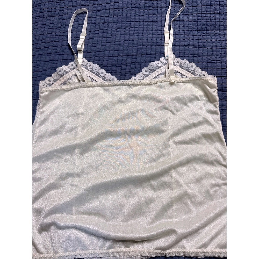 Baby Doll Ivory Satin Lace Trim Camisole Adjustable Strap V-Neck Bow Detail Top - Picture 4 of 7